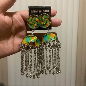 Yellow green Jhumka Indian earrings